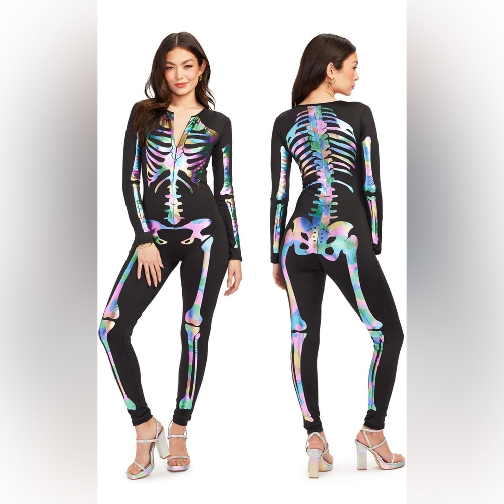 🎃SALE NWT Tipsy Elves Iridescent Skeleton form fitting BodySuit Costume size XS - Picture 1 of 8